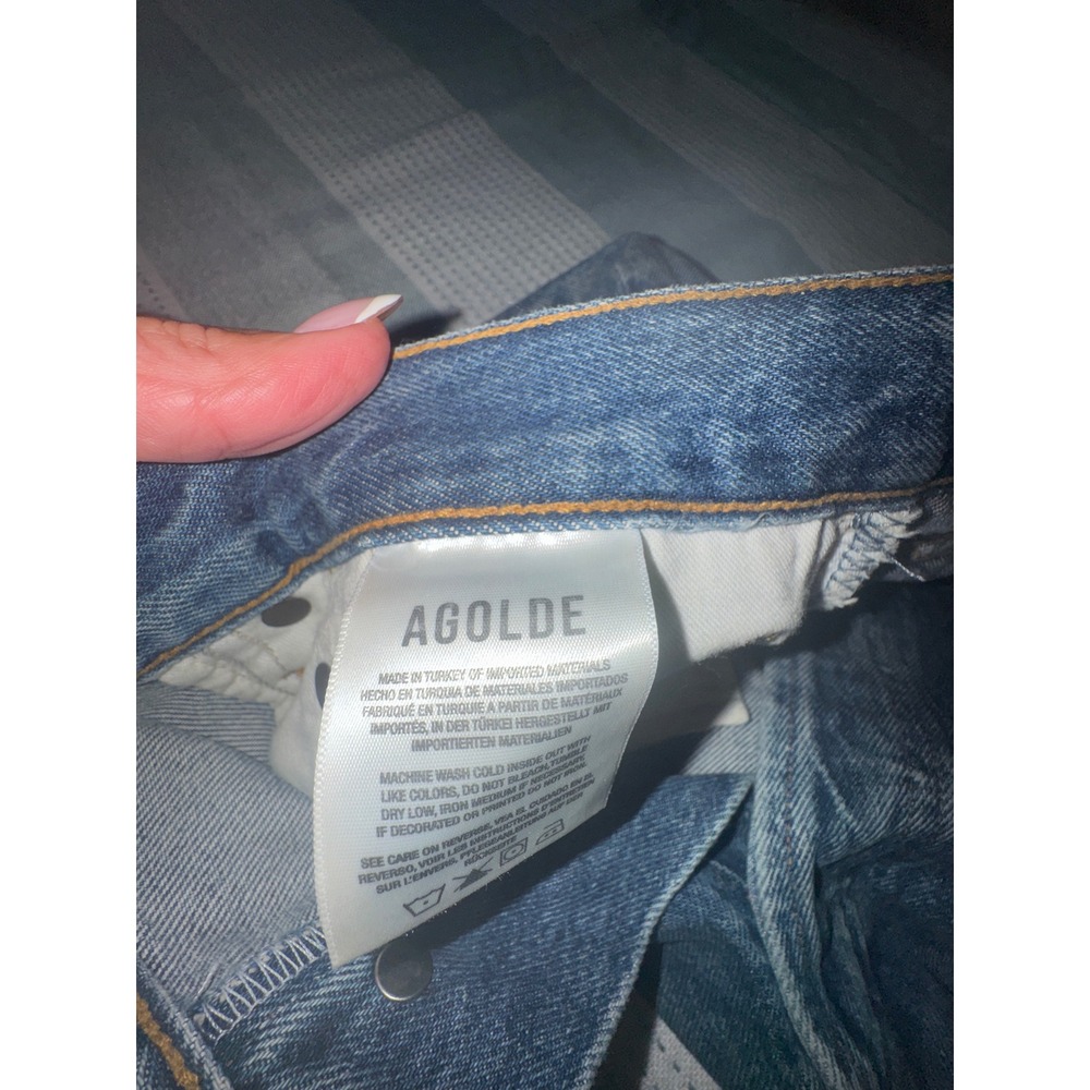 AGOLDE Parker High Rise Distressed Denim Shorts Medium Wash Blue Cut Offs - Picture 7 of 8